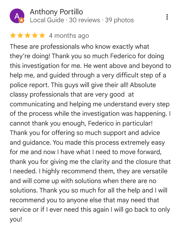 Five-star Google review from Anthony Portillo: "These are professionals who know exactly what they're doing. Thank you for giving me the clarity and the closure that I needed."