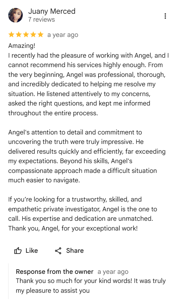 Five-star Google review from Juany Merced: "Professional, thorough, and incredibly dedicated. He delivered results quickly and efficiently, far exceeding my expectations. His compassionate approach made a difficult situation much easier to navigate."
