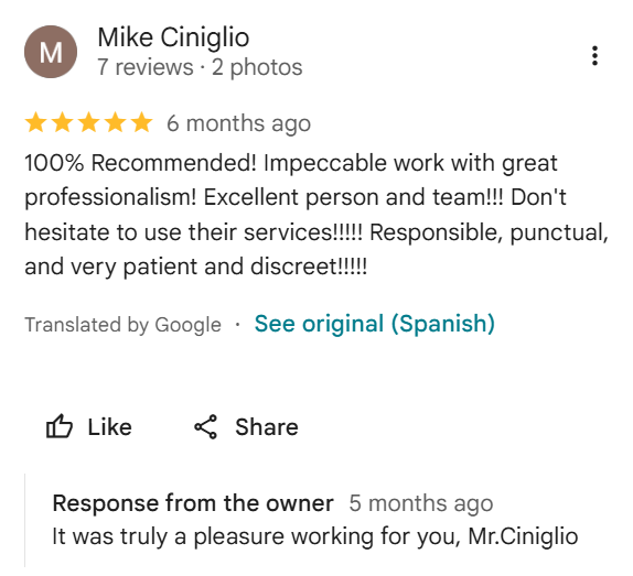 Five-star Google review from Mike Ciniglio: "100% Recommended! Impeccable work with great professionalism. Responsible, punctual, and very patient and discreet!"